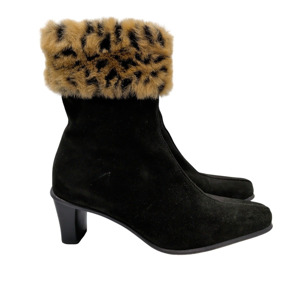 La Canadienne Black Suede Leopard Faux Fur Cuff Trim Square Toe Boots Womens 5 M